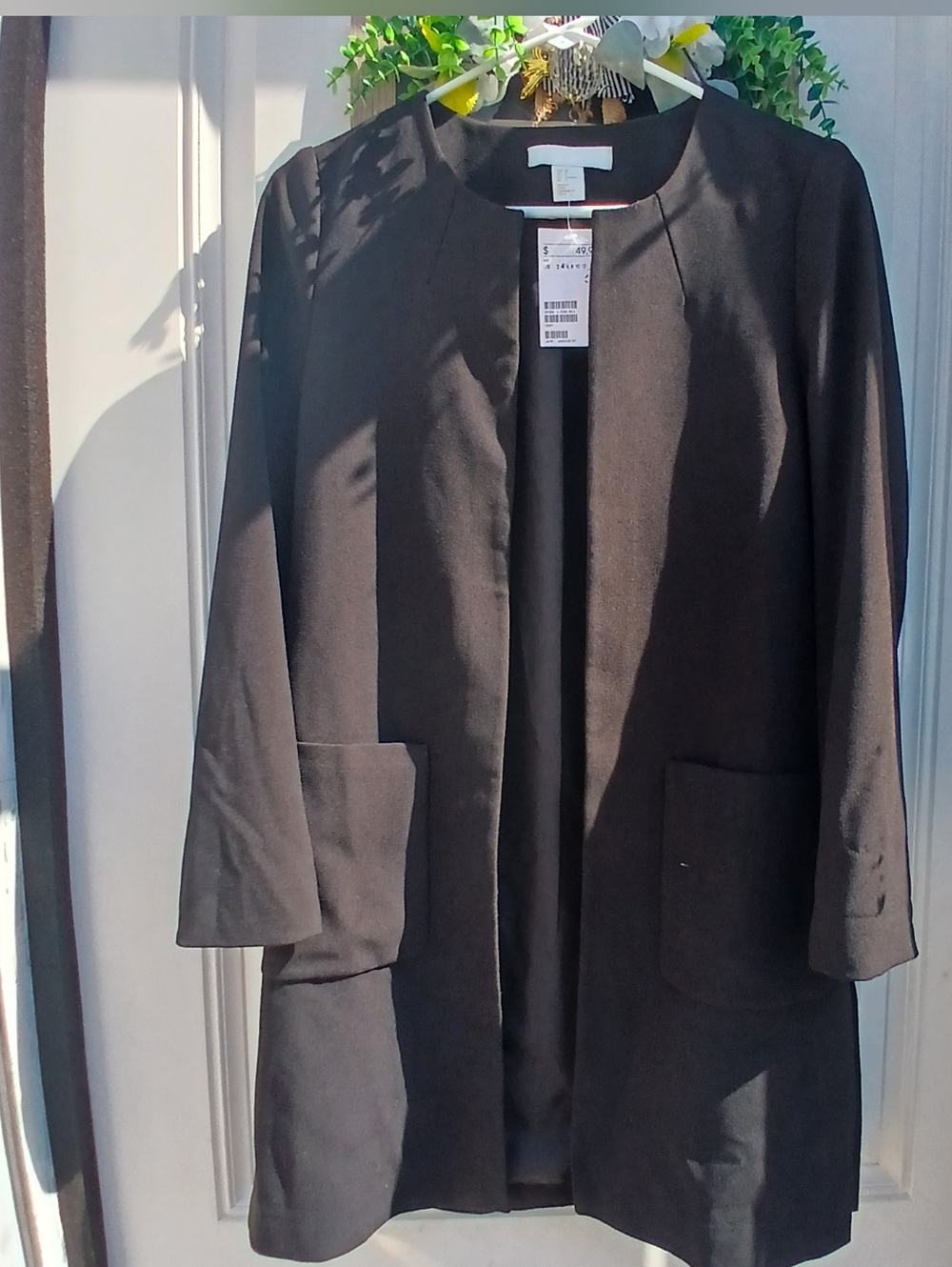 H&M Black Open-Front Long Coatigan with Patch Pockets